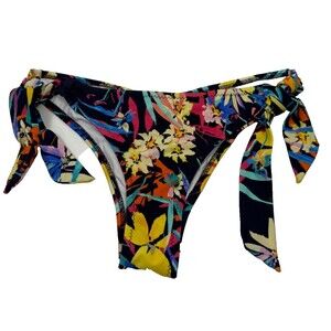 Pada Toscani Side Tie Bikini Bottom Black Floral Ruched Cheeky Swim Medium Beach